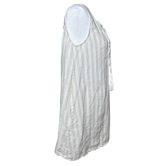 St Tropez West Linen Tank Dress Womens Sz M Taupe & White Stripe Keyhole Pockets - Picture 3 of 8